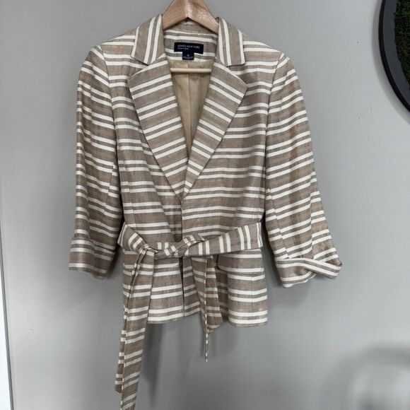 Jones New York Signature Tan Striped Jacket w Tie Belt Womens M Cotton Linen - Picture 1 of 9